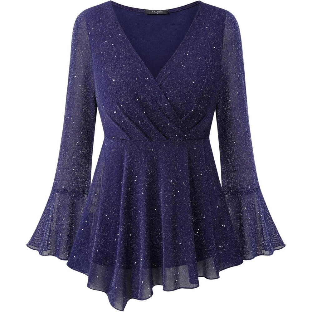 Women Sparkly V-Neck Long Sleeve Blouse Dressy Party Top Large